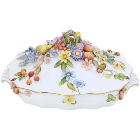 Főzelékestál, kül. virág és gyümölcs d.